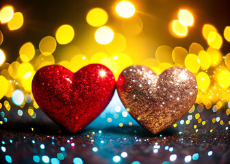 Fototapeta premium Two sparkling heart shapes one red and one rose gold sit side by side against a bokeh background of warm golden lights symbolizing love and romance