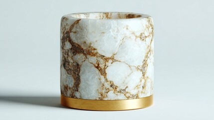Cylindrical alabaster vessel with gold base.  Elegant, handcrafted design; ideal for home decor or stylish storage