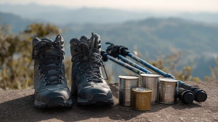Hiking Boots, Canned Food, and Trekking Poles on Rock Surface