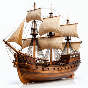 Detailed miniature representation of a classic sailing vessel with full rigging, wooden finish on white background