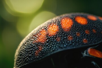 Fototapeta premium Close-up of a dew-covered beetle with vibrant orange and black markings.