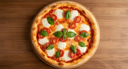 Delicious homemade Italian Margherita pizza with fresh mozzarella cheese, ripe tomatoes, and green basil leaves served on a rustic wooden table, top-down view