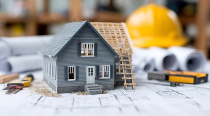 Architectural model of a house under construction with blueprints and tools