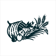 Thanksgiving Cornucopia Silhouette with Harvest Bounty Thanksgiving Cornucopia silhouette overflowing with abstract harvest shapes wheat gourds in burnt orange