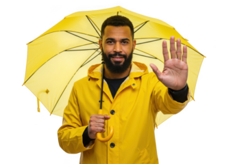 Man in yellow raincoat holding umbrella isolated on transparent background