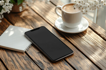 Black screen smartphone, hot coffee cup, blank notebook on rustic wooden table. Delicate white flowers in bright natural sunlight for cozy morning.