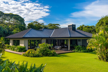 Elegant modern house exterior in tropical jungle setting. Lush green lawn and garden surround the luxury home under clear blue sky.