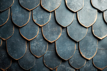 Close up view of dark gray overlapping metallic scales texture background. Weathered shield plate armor pattern provides an ancient fantasy surface design.
