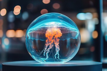 A jellyfish encased in a glowing glass sphere, a mesmerizing display of marine life.