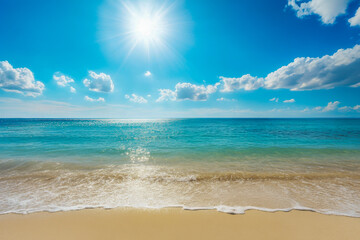 Sunny tropical beach with clear blue sky, bright sun, white clouds, turquoise ocean waves gently lapping golden sand shore.