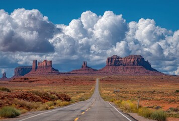 Road stretches across an arid landscape towards monumental red rock formations under a sky full of fluffy white clouds