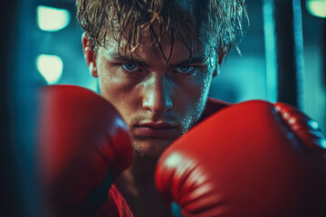 Determined young male boxer with red boxing gloves gazing intently. Sweat drips on his focused face and wet hair. Intense athlete portrait in gym.