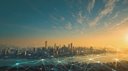 Sunshine in the Smart digital Innovation city with connection network reciprocity over the cityscape. of future smart wireless digital city and social media networking systems that connects peo