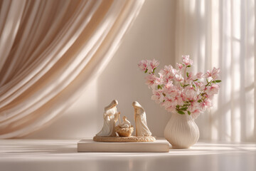 serene pastel nativity scene with delicate figures set against clean soft pink backdrop