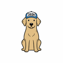 A friendly cartoon Labrador Retriever dog wearing a blue cap with the year 2026 displayed.