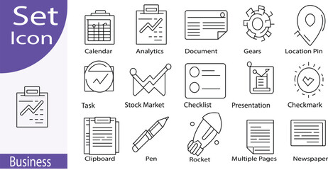 Fototapeta premium Business Icon Set: Vector Outline Graphics of Calendar, Analytics, Document, Gears, Location Pin, Task, Stock Market, Checklist, & More
