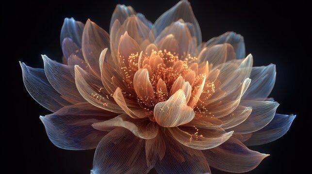 and keywords based on the image, following your instructions

 Detailed translucent flower with orange and blue hues with a dark and mysterious background