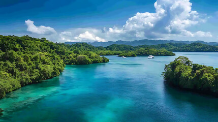 Tropical island painting with lush greenery and ocean waves high resolution picture