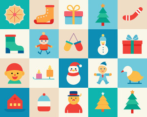 Festive winter holiday icons in a grid pattern