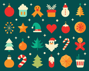 Festive christmas icons and ornaments on a teal background