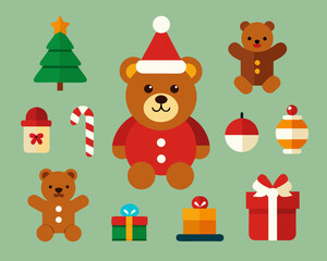 Cute christmas icons featuring teddy bears and gifts