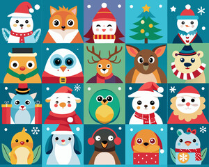 Cute christmas animals and characters in a festive grid pattern