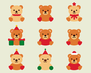Collection of cute cartoon teddy bears in festive outfits