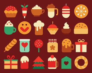 Festive holiday icons featuring sweet treats and gifts