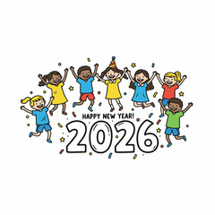 Cheerful cartoon children celebrate New Year 2026 with confetti, jumping and holding hands, expressing joy and excitement.