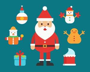 Cute christmas characters and decorations on teal background