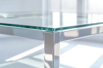 Close-up of a modern glass-top coffee table with a polished chrome frame, showcasing its sleek design and high-quality materials.