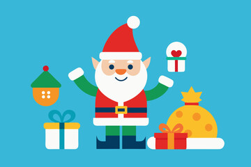 Cute christmas elf with gifts and presents on blue background