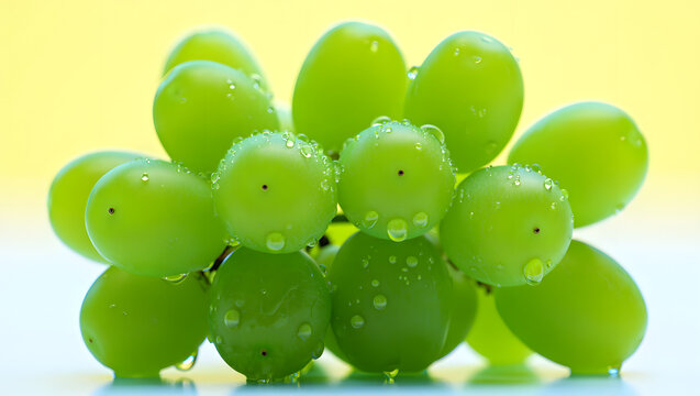 A fresh cluster of vibrant green grapes glistening with dewy water droplets on a bright yellow background