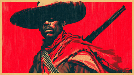 A graphic poster-style illustration of a gunslinger or revolutionary in a sombrero with a rifle, set against a bold red background. Western concept.