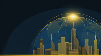 Fototapeta premium Sunshine in the Smart digital Innovation city with connection network reciprocity over the cityscape. of future smart wireless digital city and social media networking systems that connects peop