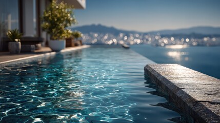 A serene infinity pool overlooking a sunlit body of water with blurred distant hills and a boat on a clear day.