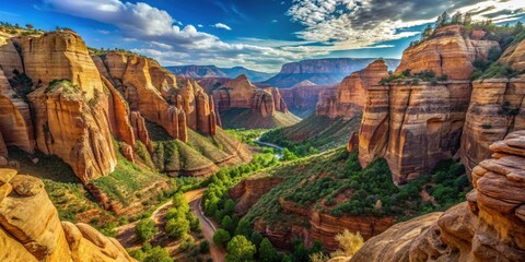 A Majestic Panorama of a Canyon's Rugged Beauty, Showcasing a Serpentine River Winding Through Vibrant Green Vegetation and Towering Sandstone Cliffs Under a Dramatic Sky