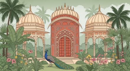 Indian palace architecture with peacock and lush greenery