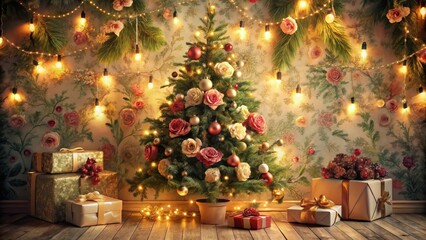 A Festive Christmas Tree Decorated with Roses and Warm Lighting, Nestled Among Beautifully Wrapped Gifts and Festive Accents in a Room with a Floral Wallpaper Backdrop
