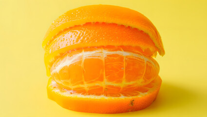 A fresh and juicy orange fruit, artfully sliced and partially peeled to reveal its vibrant segments, isolated on a bright yellow background