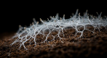 Intricate network of white fungal hyphae on a dark background