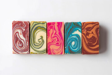 Handmade Artisan Soap Bars with Swirl Design on White Background