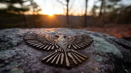 Metal Eagle Emblem on Stone Surface with Sunset
