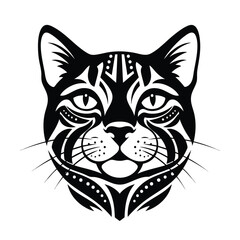 An ornamental black and white cat head with intricate tribal tattoo patterns.