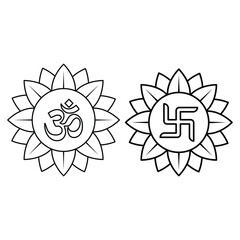 Spiritual symbol vector, Hindu culture icons, om Swastik design, Indian tradition emblem, religious art, mandala flower elements illustration.