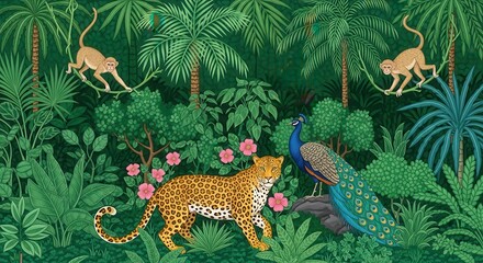 Jungle Scene with Leopard, Peacock, and Monkeys rainforest