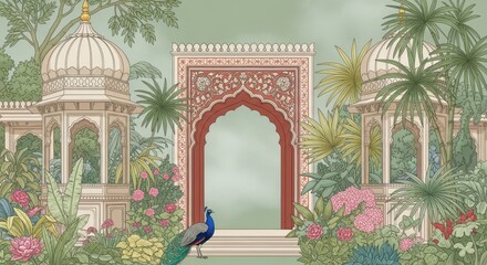Indian Garden Courtyard with Peacock and Ornate Archway