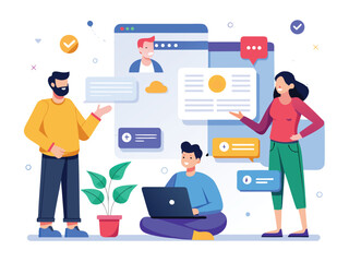 Diverse team collaborates on digital platform with laptop and screens showing profiles