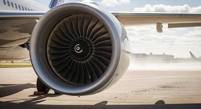 Fototapeta Close-up of a commercial airplane jet engine and wing on the airport tarmac under bright daylight, highlighting advanced aviation technology.