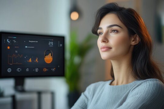 A woman thoughtfully observes a smart home dashboard displaying energy consumption and temperature data.